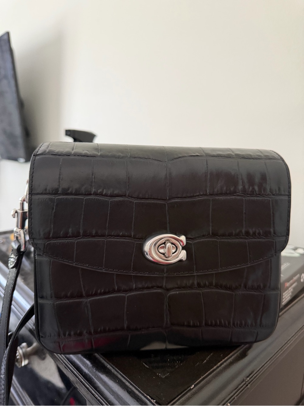 Coach Black Croc-Embossed Leather Turnlock Crossbody